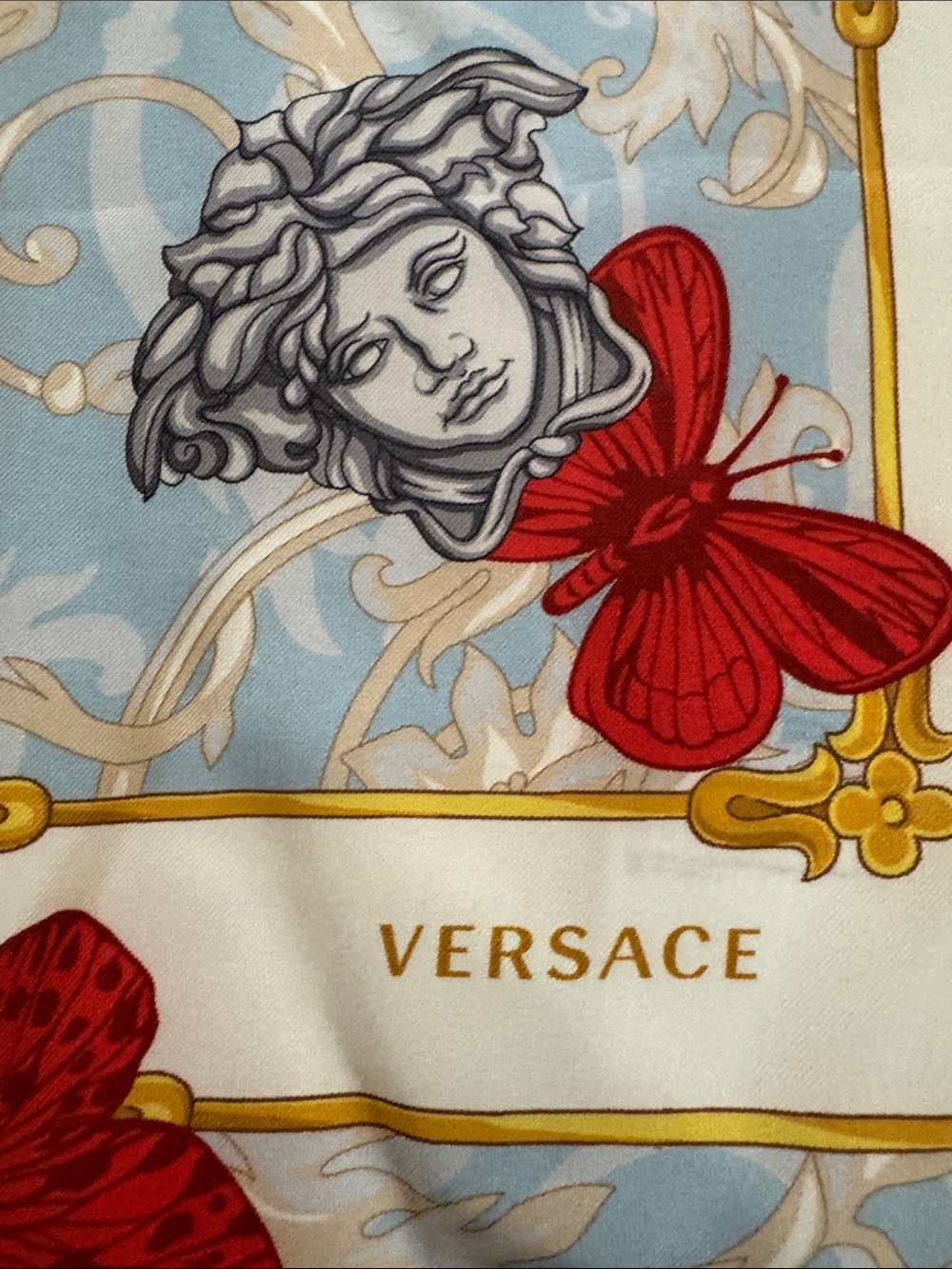 Versace NWT Red & Pale Blue Butterfly Silk Scarf with Gold Accents in BOX - Picture 2 of 12